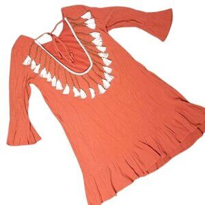 Hot & delicious Boho Tassel A-Line Dress 3/4 bell sleeve cover up dress Med
